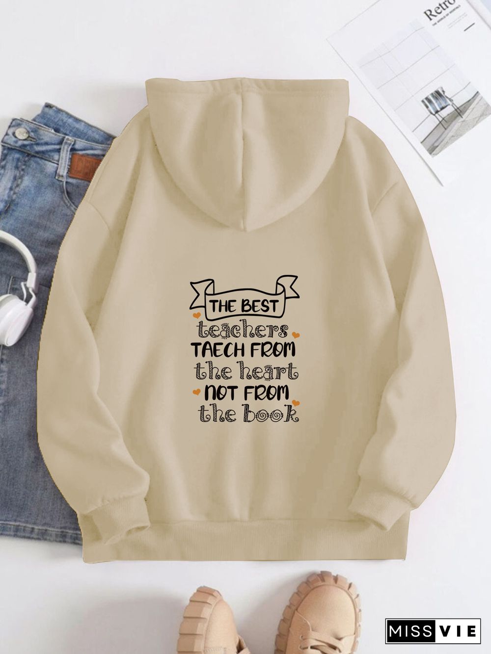 Printed on the Back Kangaroo Pocket Hoodie Long Sleeve for Women Pattern Best teacher greetings