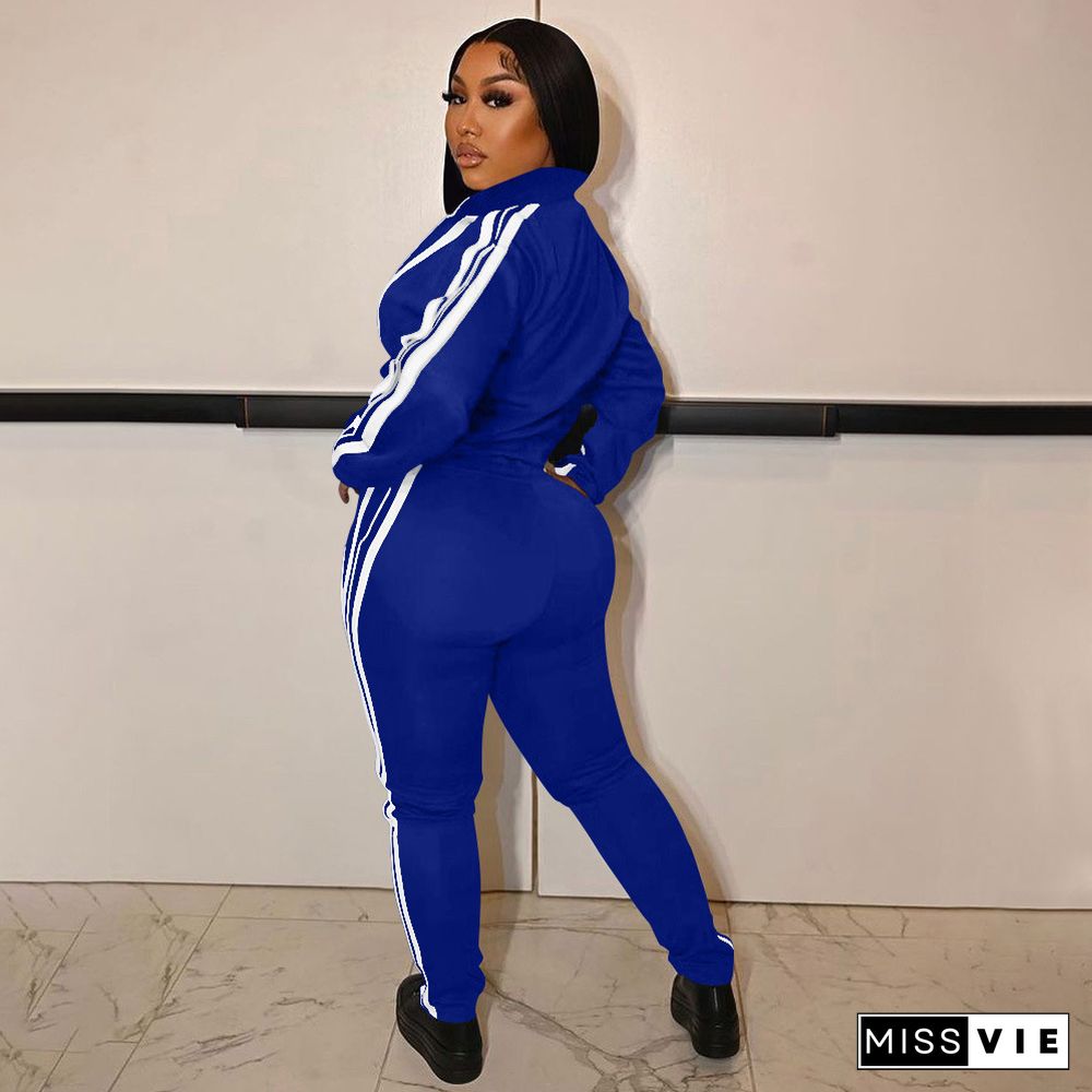 Side Striped Zip Sporty Jacket Two Piece Pants Set