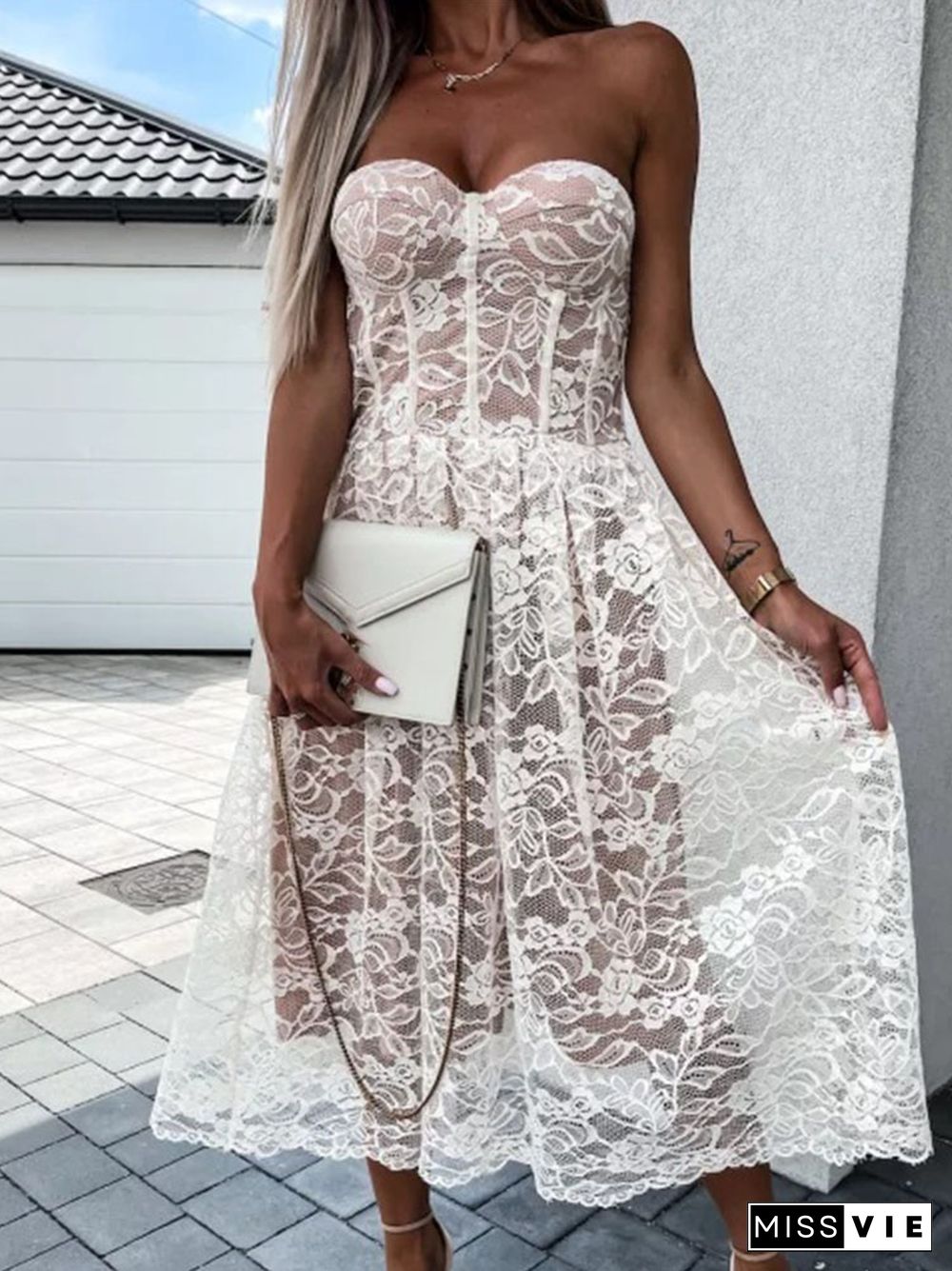 Elegant Floral Embroidery Lace Solid Long Dress Women Sexy Off Shoulder Strapless Waist Party Dress Fashion Backless Zip Dresses