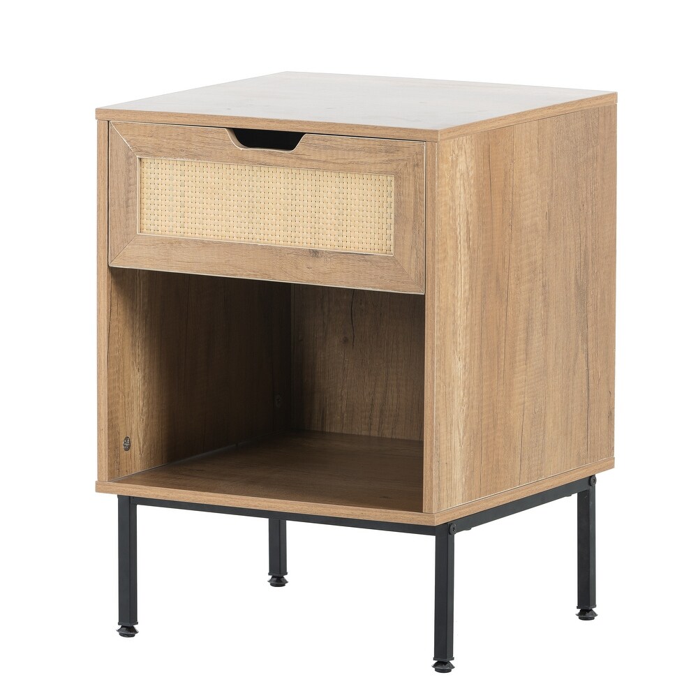 Nightstand Storage End Table with Rattan Door