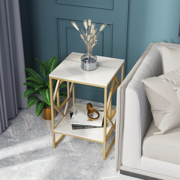 Metal Geometric-Base 2-Tier Marble End Table