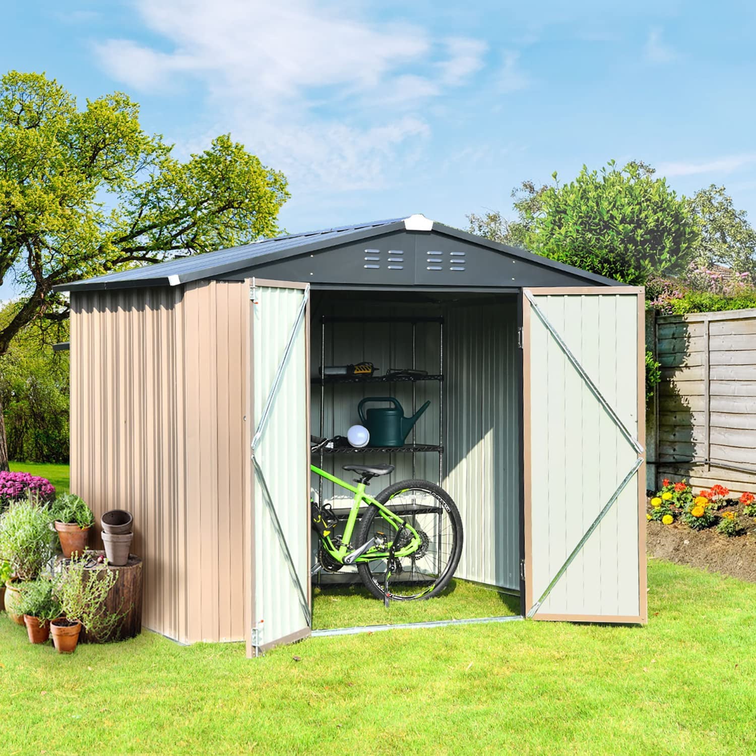 8x6 FT Outdoor Metal Storage Shed, Steel Garden Shed with Door and Lock, Metal Shed & Outdoor Storage for Backyard, Patio, Lawn