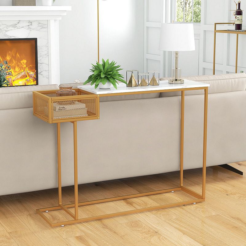 Rectangular White Faux Marble Console Table With Storage