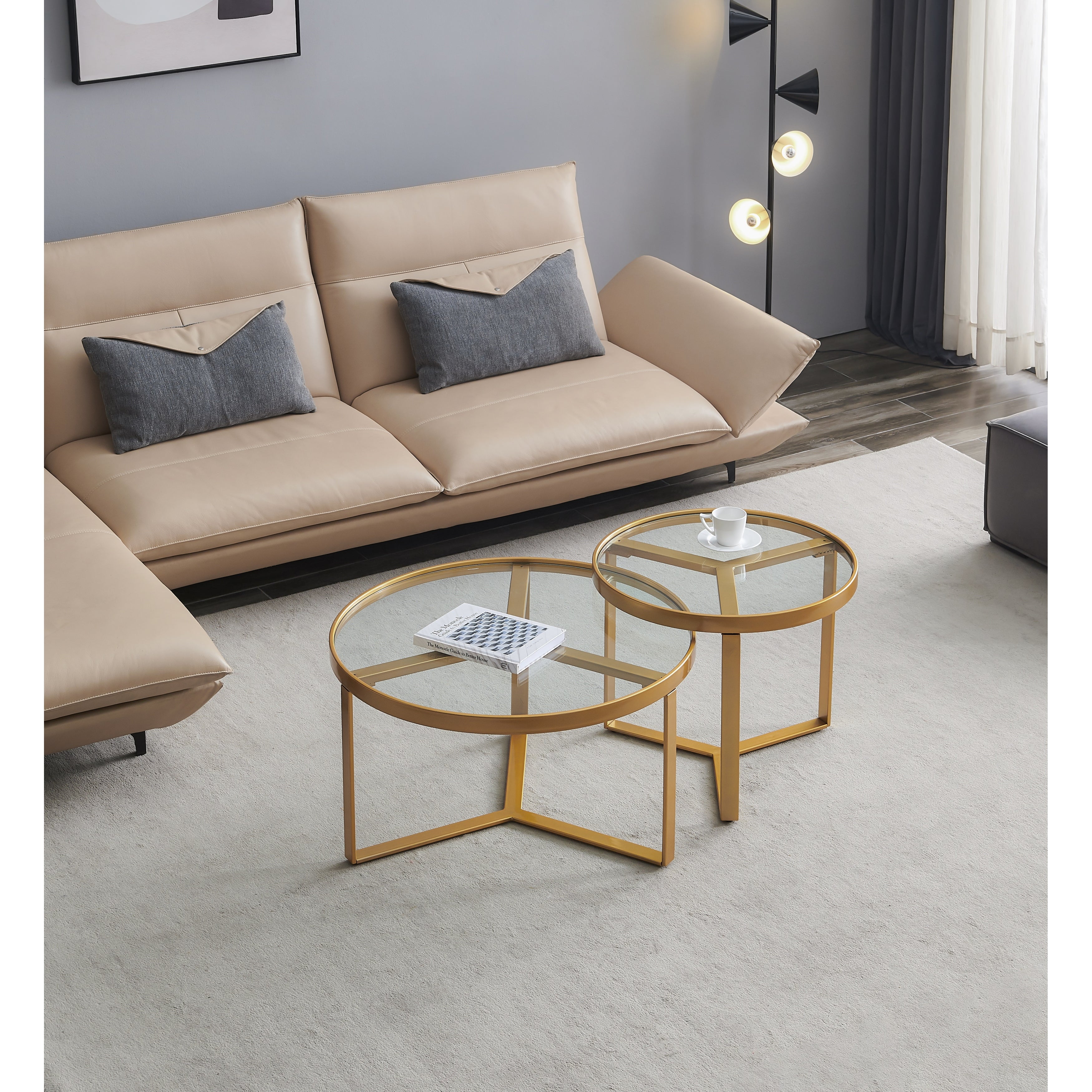 Modern Nesting Coffee Table Golden Metal Frame with Round Tempered Glass Tabletop