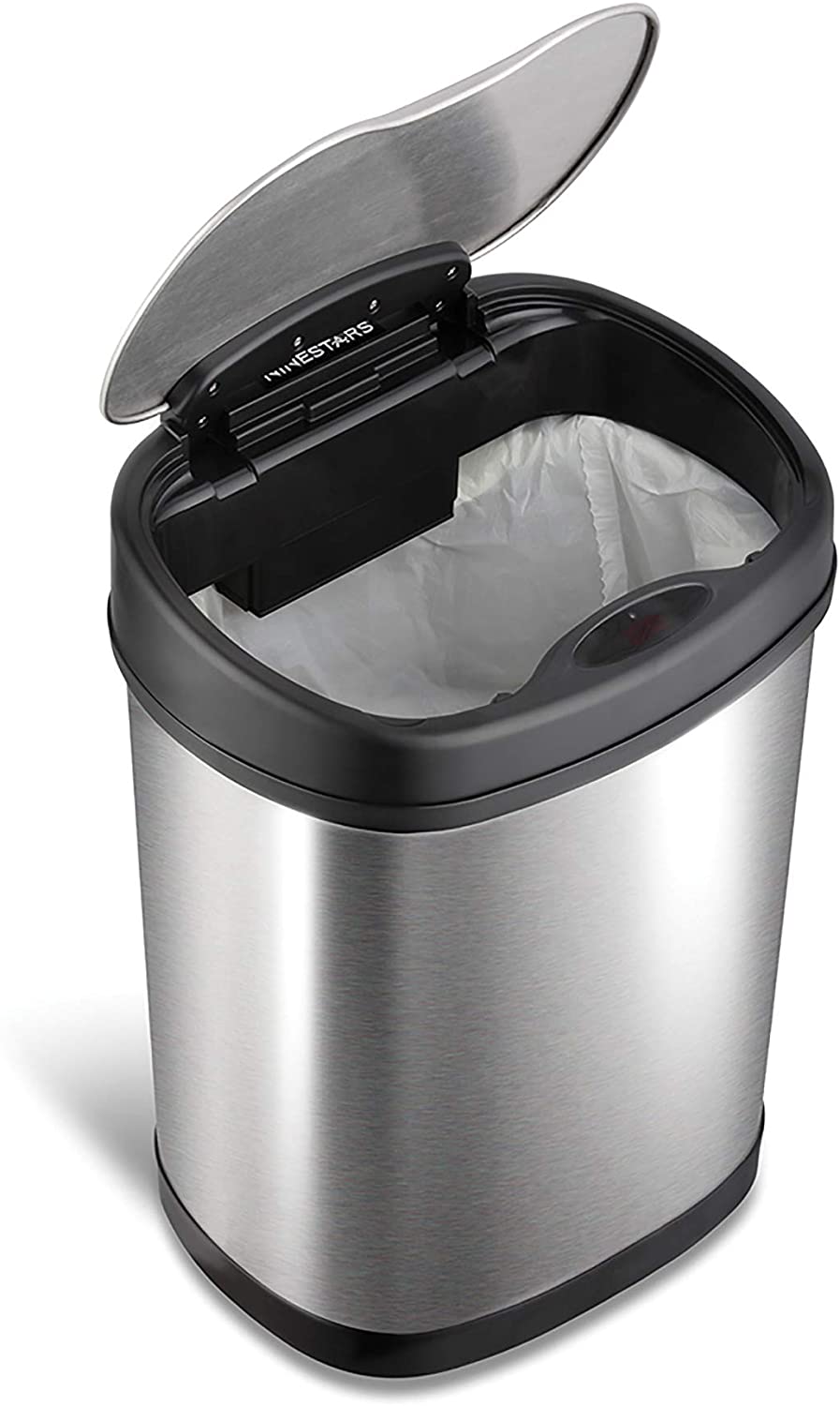 Ninestars DZT-12-13 3.2 gal Touchless Motion Sensor Oval Trash Canandamp; Silver andamp; Black