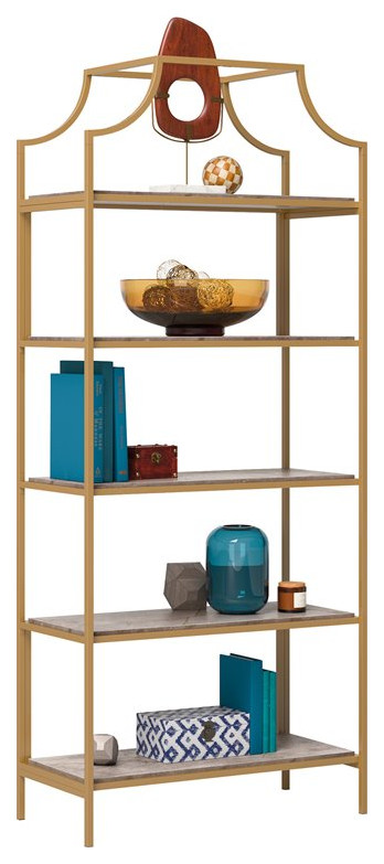 Sauder International Lux 5 Shelf Metal Frame Bookcase Gold Satin/Sindoori Mango   Contemporary   Bookcases   by Homesquare  Houzz