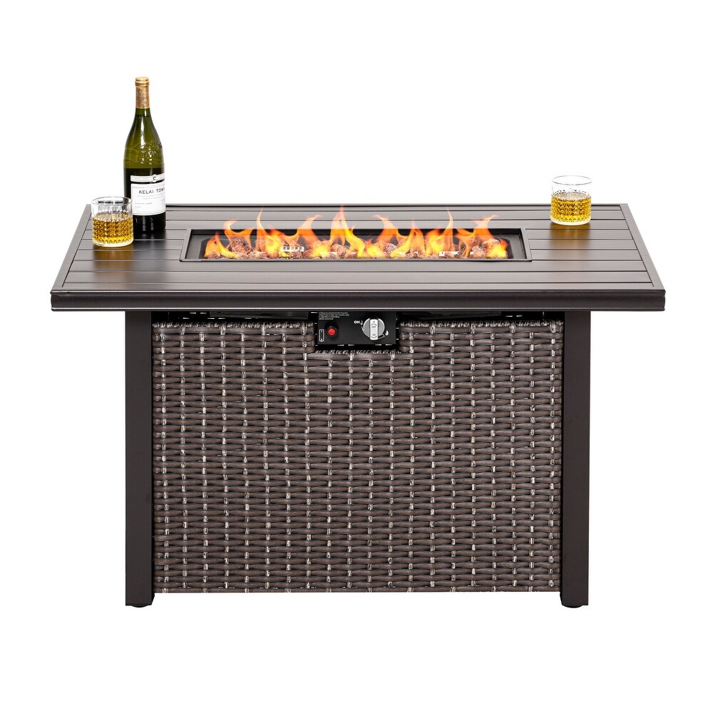 Outdoor 44 Inch 50 000 BTU Propane Gas Rattan Fire Pit Table  Aluminum Top