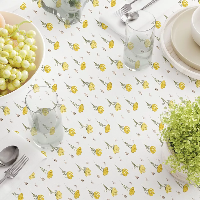 Rectangular Tablecloth， 100% Cotton， 52x104， Hand Drawn Yellow Tulips