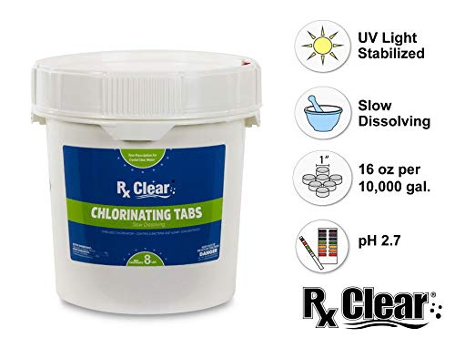 Rx Clear 1-Inch Stabilized Chlorine Tablets | One 8-Pound Bucket | Use As Bactericide, Algaecide, and Disinfectant in Swimming Pools and Spas | Slow Dissolving and UV Protected