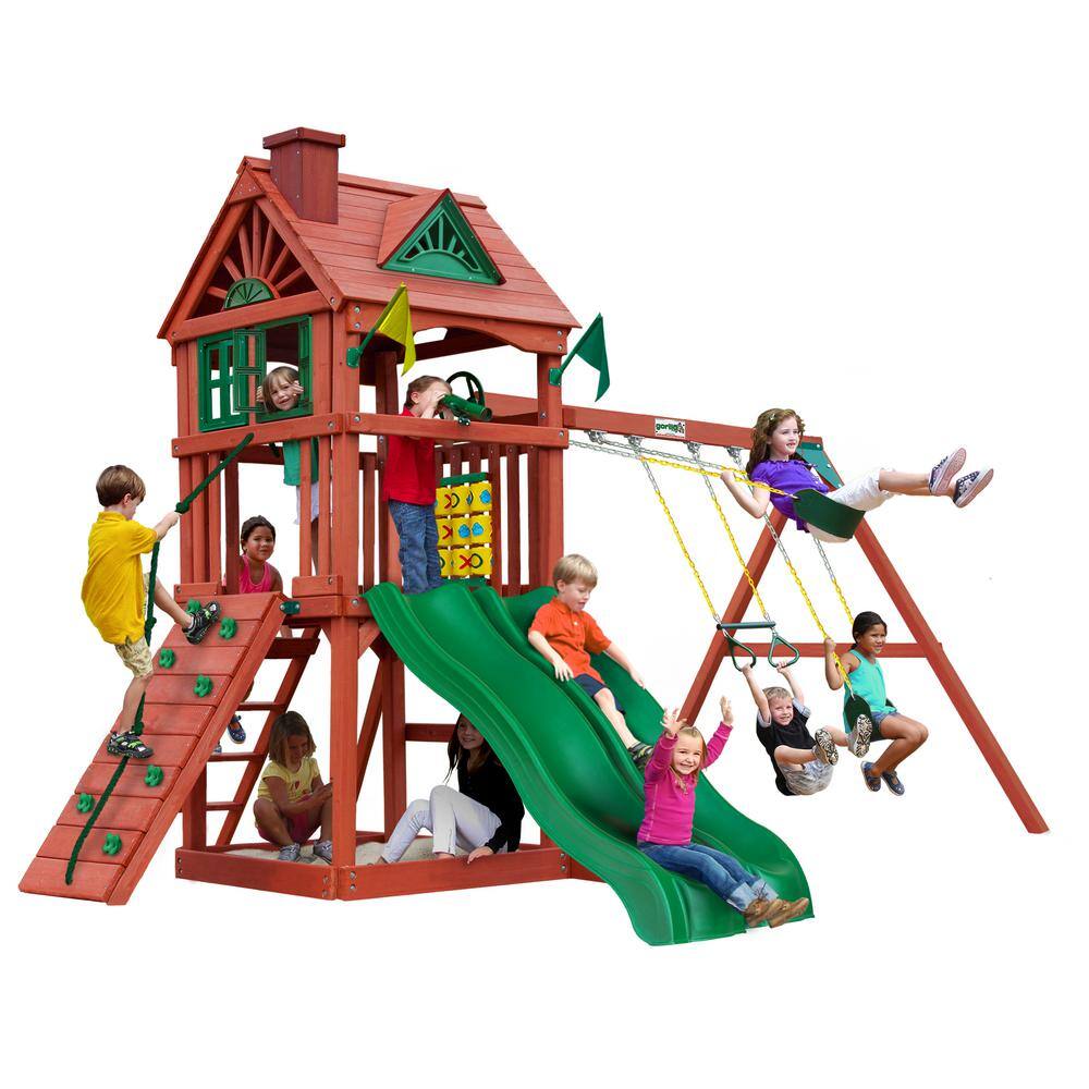 Gorilla Playsets Double Down II Wooden Outdoor Playset with 2 Wave Slides Rock Wall Sandbox and Backyard Swing Set Accessories 01-0036