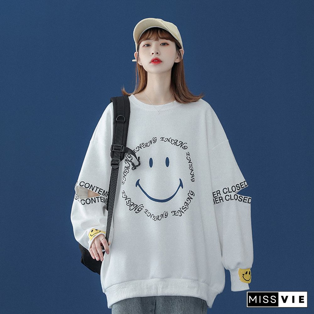 Smiley Letters Print Loose Sweatshirt