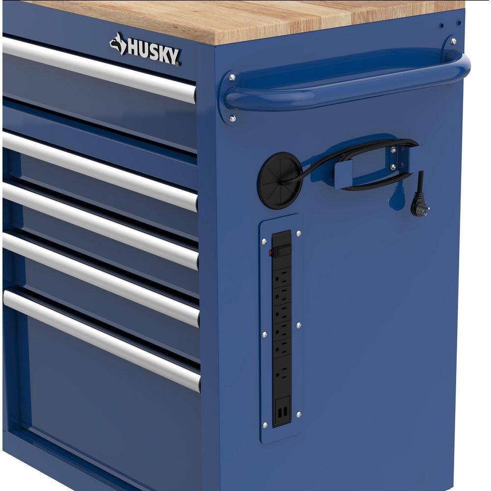 Husky 46 in. W x 18 in. D 9-Drawer Gloss Blue Mobile Workbench Cabinet with Solid Wood Top H46X18MWC9BLU