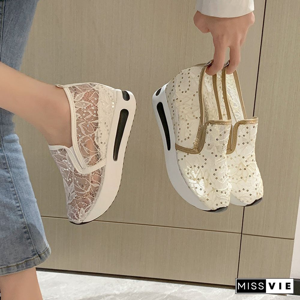 Women's Casual Loafers Breathable Lace Mesh Slip-on Muffin Sneakers Shoes