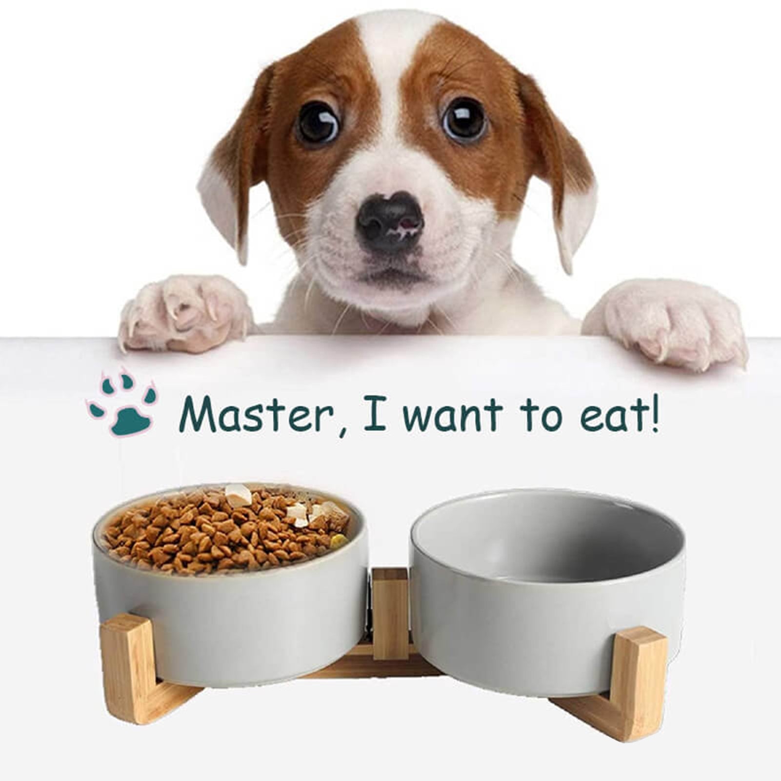 Ceramic Cat Dog Bowl with -Slip Bamboo Stand