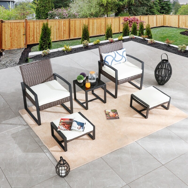 Patio Festival 5 Piece Outdoor Wicker Conversation Set with Ottomans and Table