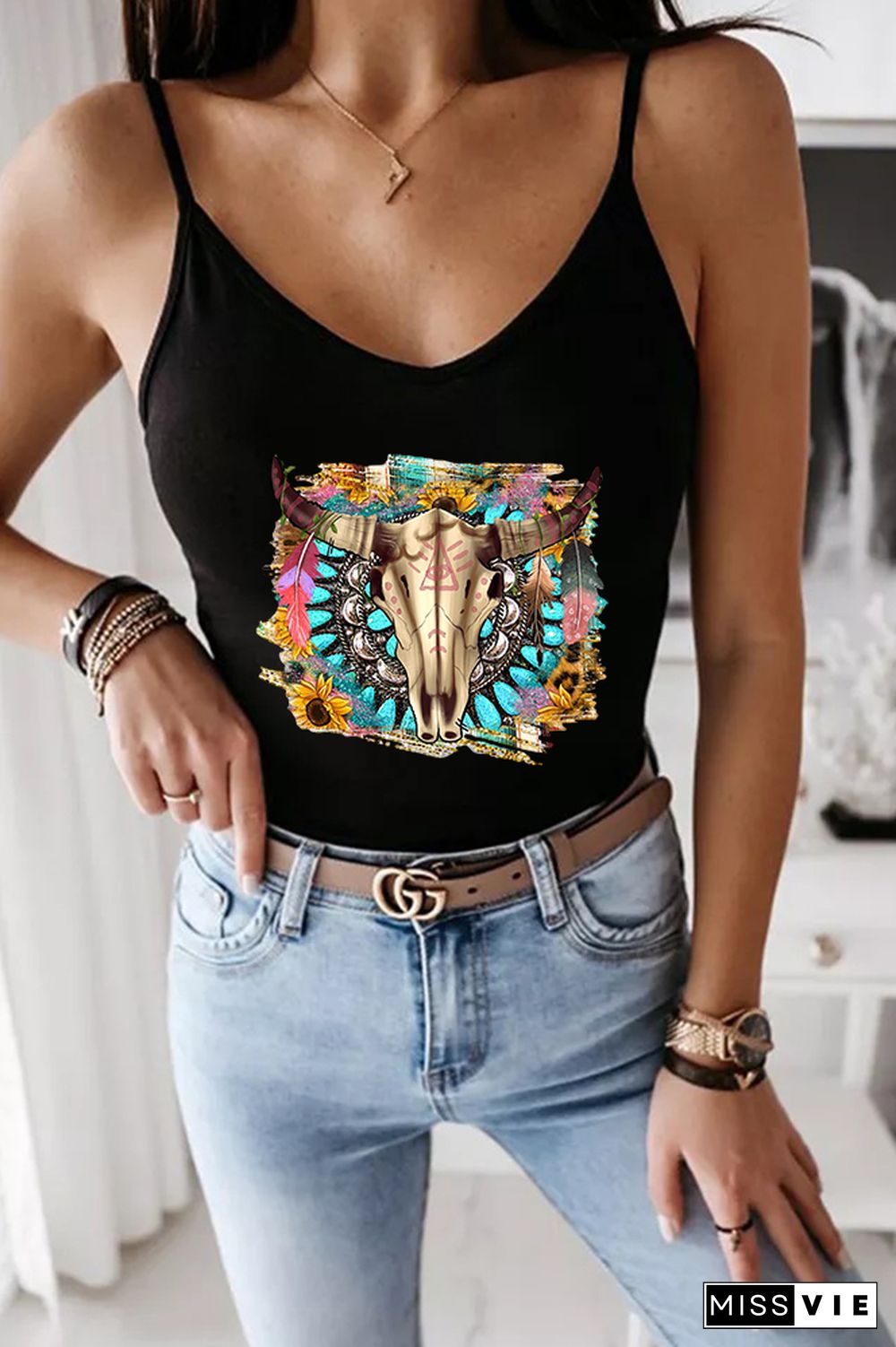 Western Boho Skull Printed Slip Tank Top Wholesale