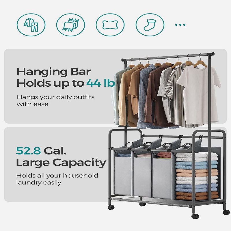 Laundry Cart With Wheels and Hanging Bar