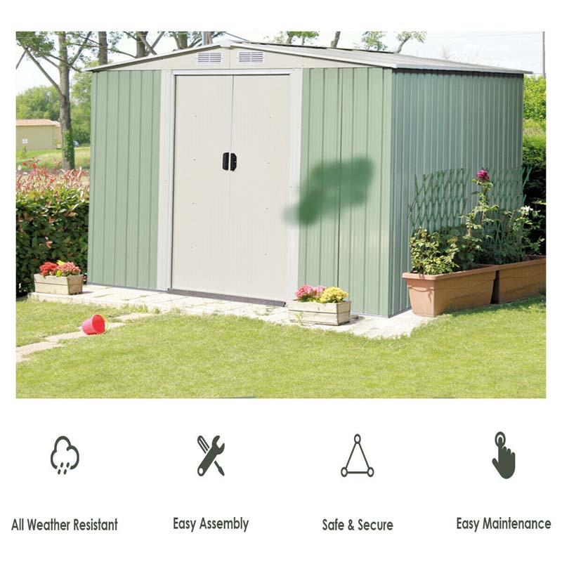 8 x 8 FT Outdoor Storage Shed Garden Tool Bike Shed, Galvanized Metal Shed with Air Vent & Slide Door