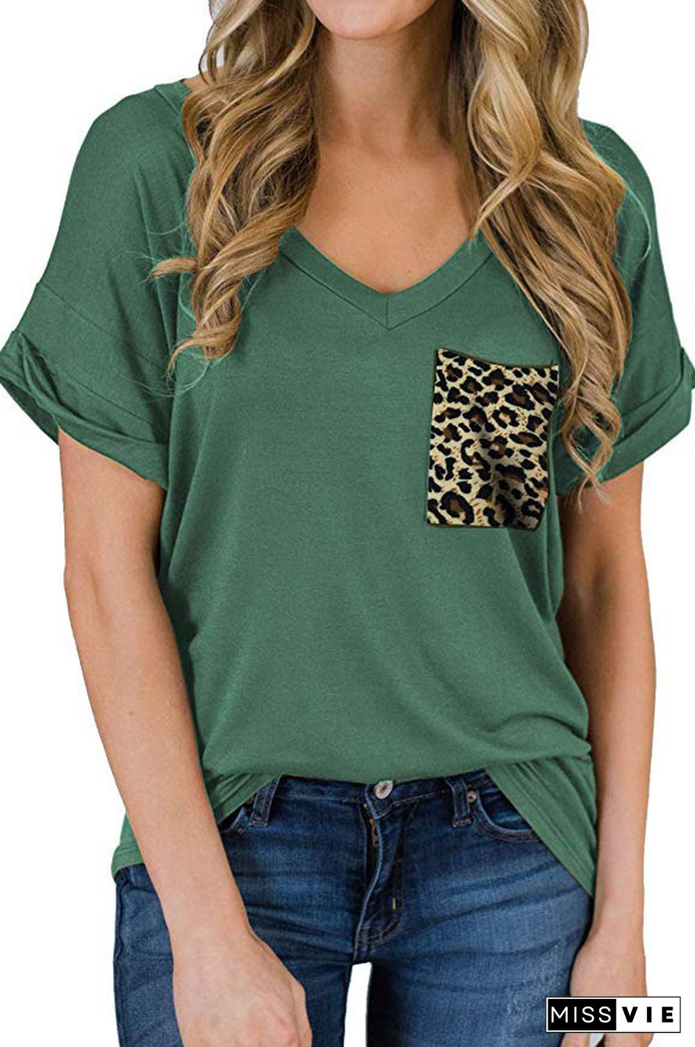 Dark Green Leopard Pocket Short Sleeve T-shirt