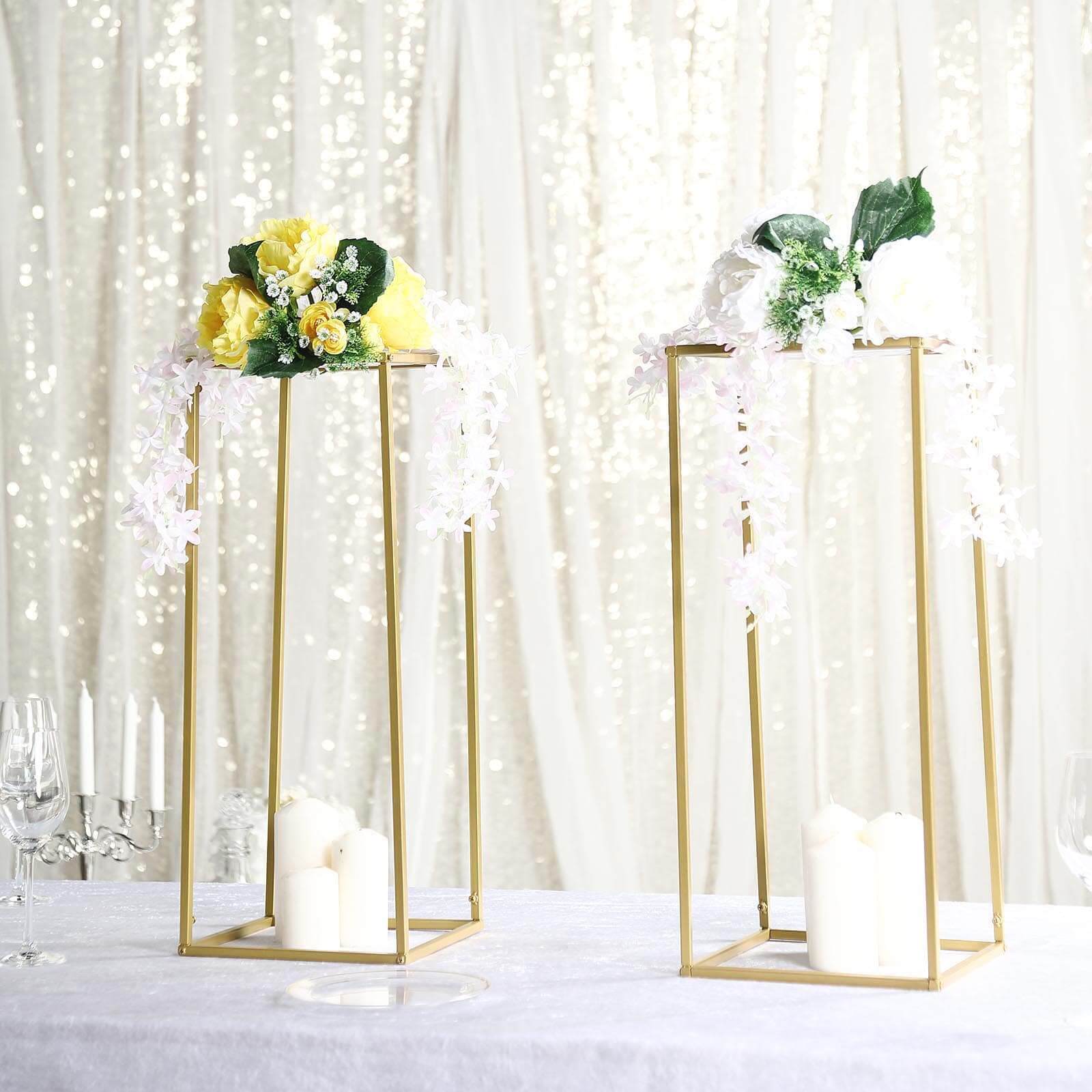 2 Pack Rectangular Gold Metal Wedding Flower Stand, Geometric Column Frame Centerpiece 24