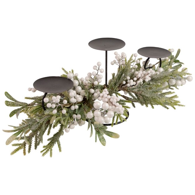 Triple Candle Holder With Frosted Foliage And Berries Christmas Decor