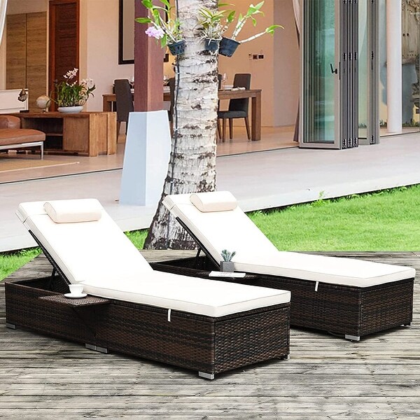 Wicker Chaise Lounge Outdoor Set of 2 with Cup Holder and Cushions