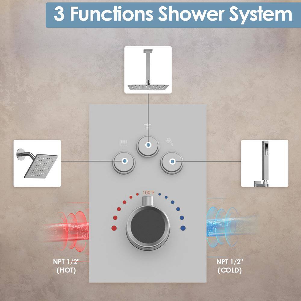 CRANACH Triple Handle 7-Spray Patterns 12 in. Ceiling Mount Rainfall Shower Faucet 2.5 GPM with High Pressure in Matte Black SRSFS1007-BK12