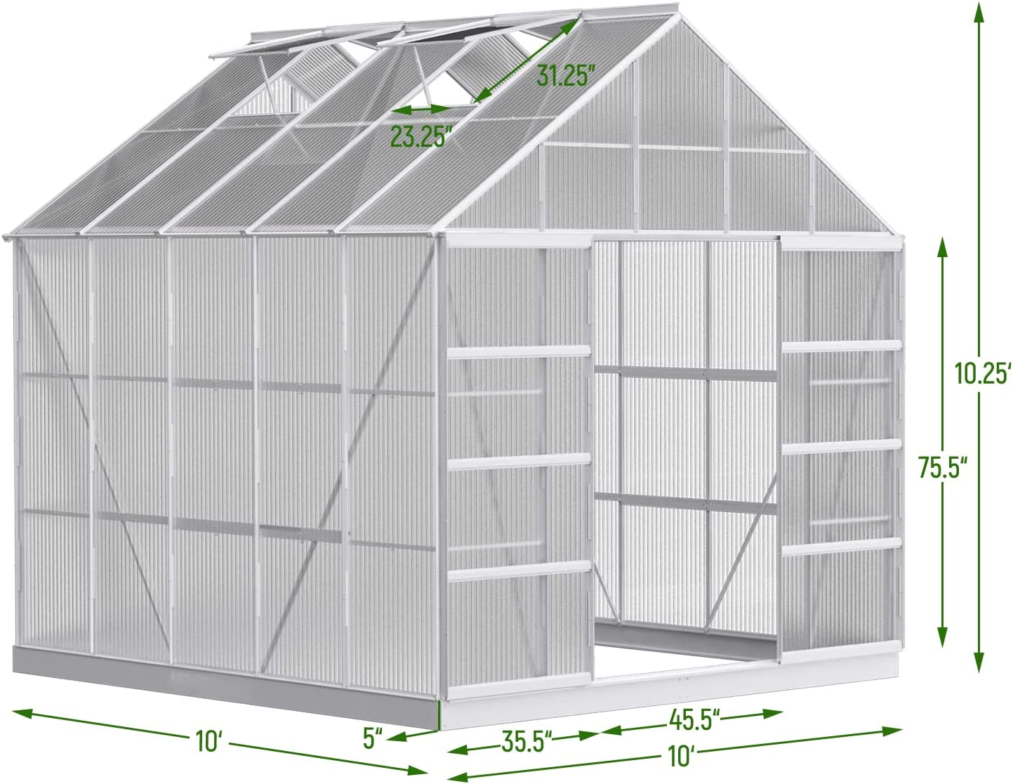 Yoleny 10' x 10' x 10.3' Outdoor Walk-in Hobby Greenhouse for Plants, Polycarbonate Aluminum Green House with Adjustable Roof Vent and Sliding Door for Backyard Garden in Winter