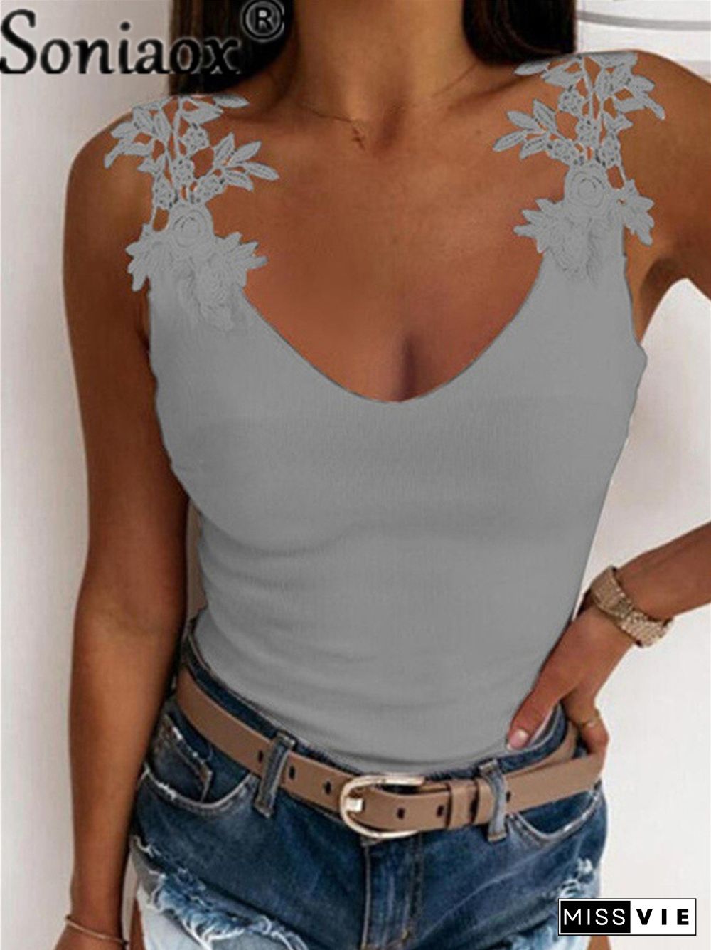 Sexy V-Neck Lace Vest Sleeveless Women Summer New Slim Casual Tees Solid Color Ladies Splice T-Shirt Tops S-5Xl