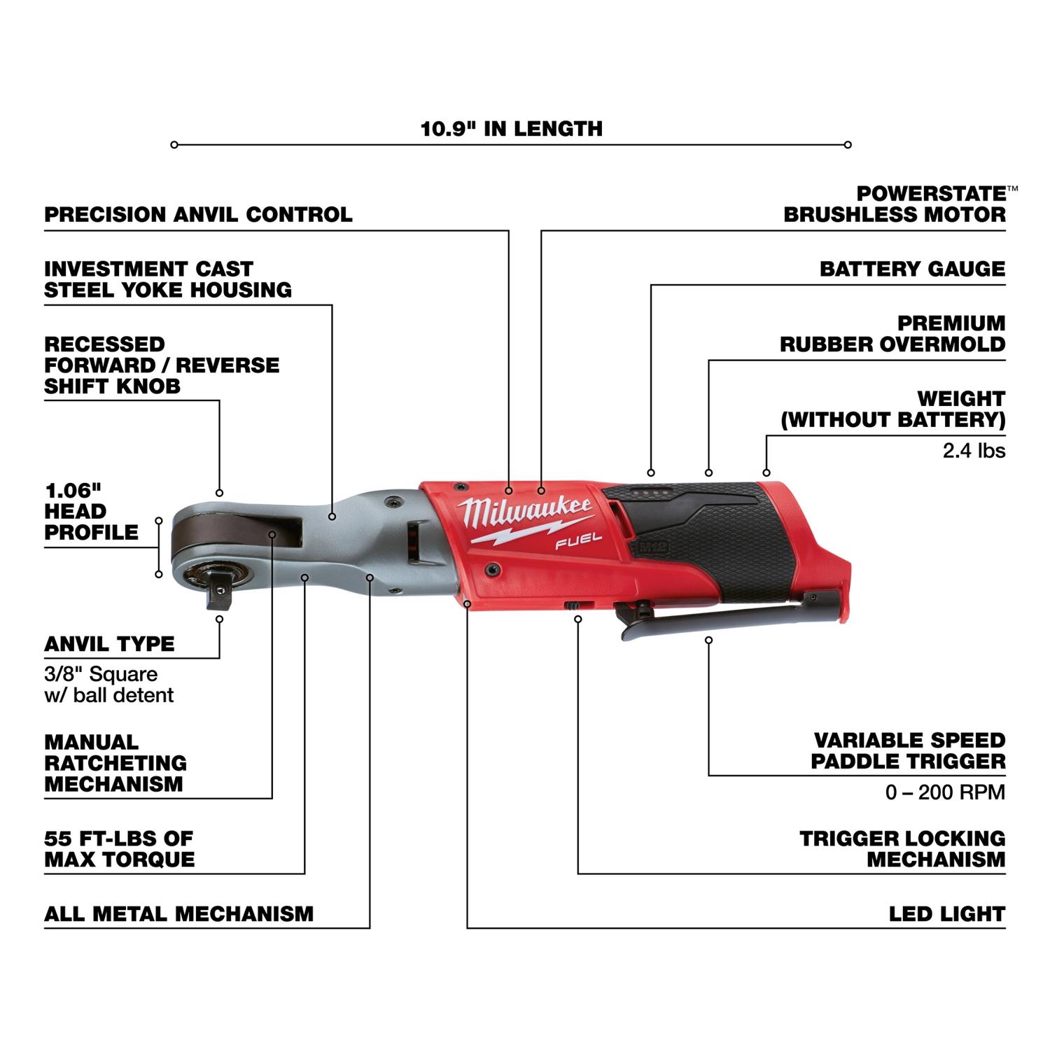 MW M12 FUEL 12 V 3/8 in. Brushless Cordless Ratchet Tool Only