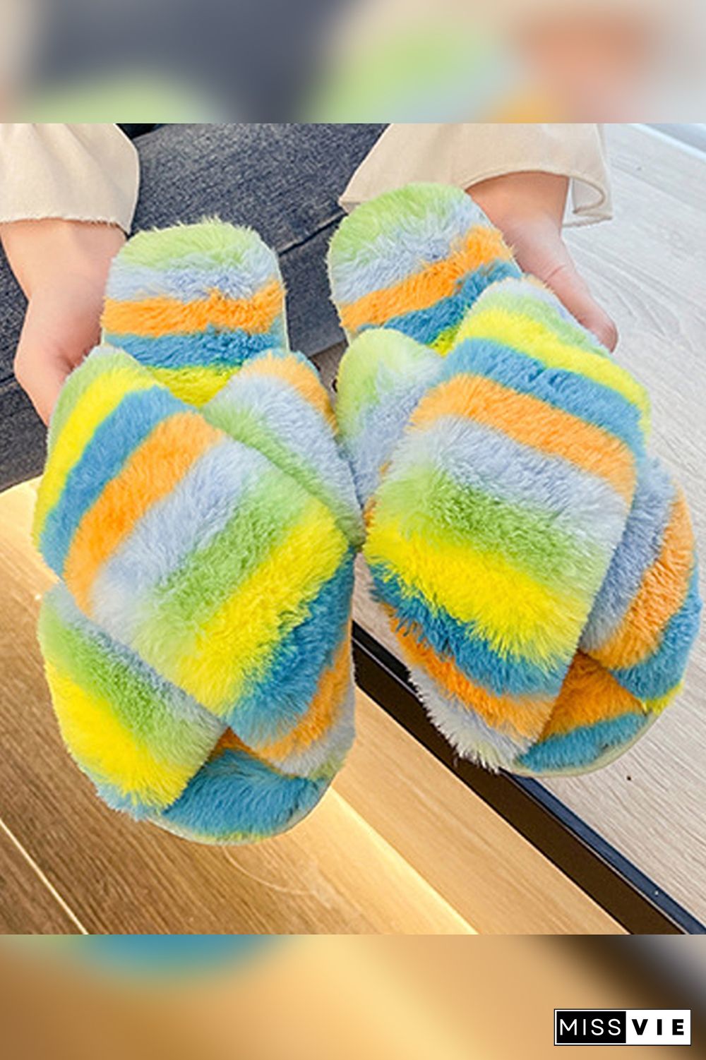 Multicolor Fluffy Criss-cross Home Slippers Wholesale