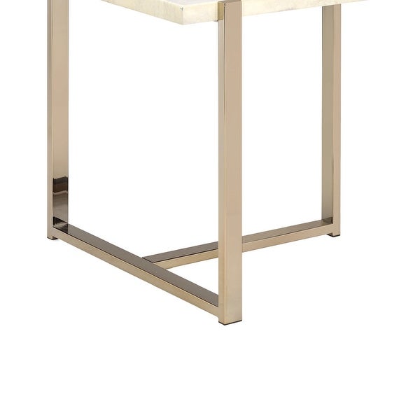 Modern Style Marbleized Wooden End Table with Tubular Metal Frame， Gold and White - 24.25 H x 23 W x 23.75 L Inches