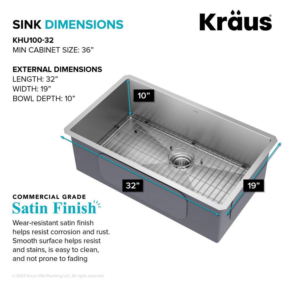 KRAUS Standart PRO 32 in. Undermount Single Bowl 16 Gauge Stainless Steel Kitchen Sink with Accessories KHU100-32