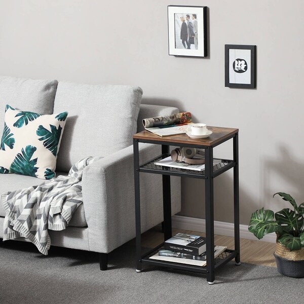 Industrial Side Table， End Telephone Table with 2-Tier Mesh Shelves， for Office Hallway， Wood Look Accent Furniture