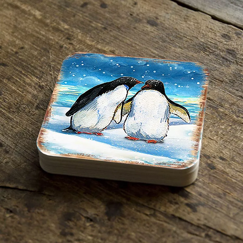 Penguins Coastal Wooden Cork Coasters Gift Set of 4 by Nature Wonders