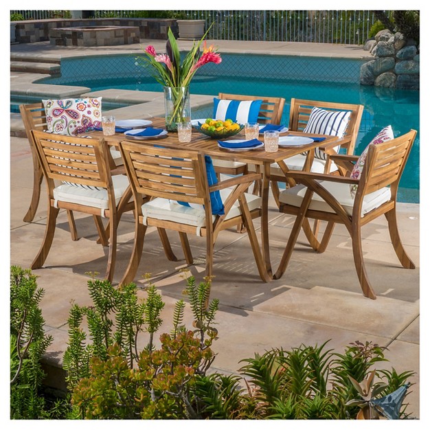 Hermosa 7pc Acacia Dining Set Teak Finish Christopher Knight Home