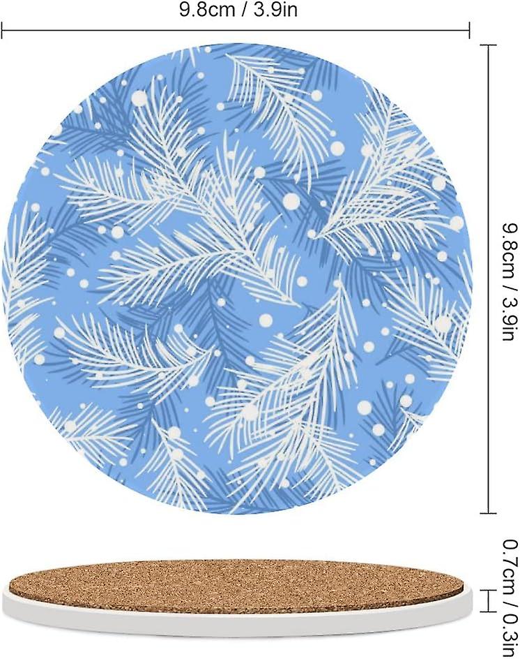 6pcs Round Fir Branches And Snow Ceramic Coasters With Cork-backed For Coffee Drink Cup Mat Absorbent Stone Coasters