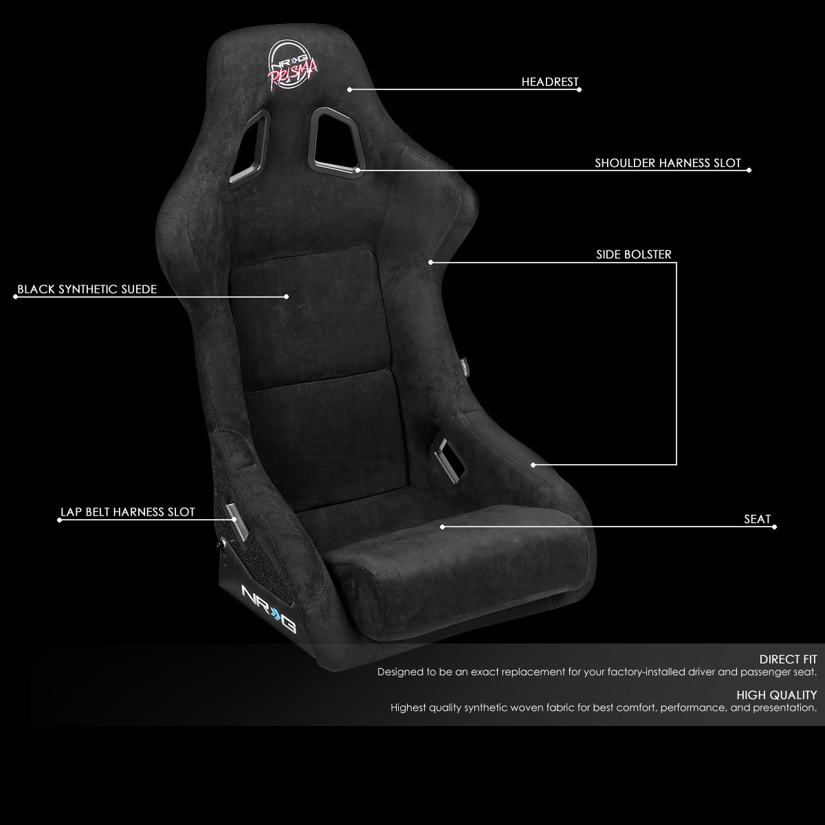 NRG Innovations NRG-FRP-302BK NRG Innovations FRP-302BK Prisma Series Fiber Glass Bucket Racing Seat Black Alcantara w/ Side Mountes (Large)