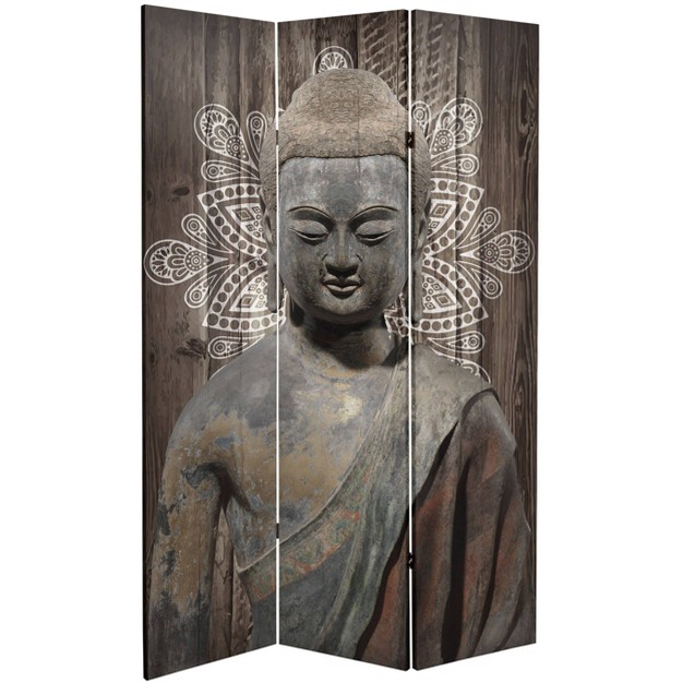 Double Sided Stone Buddha Canvas Room Divider Gray Oriental Furniture