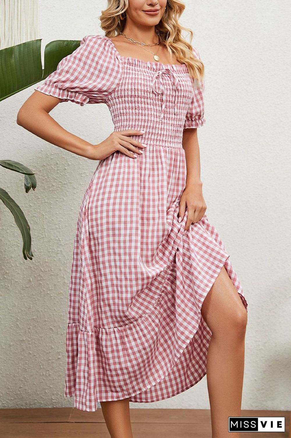 Square Neck Plaid Long Dress