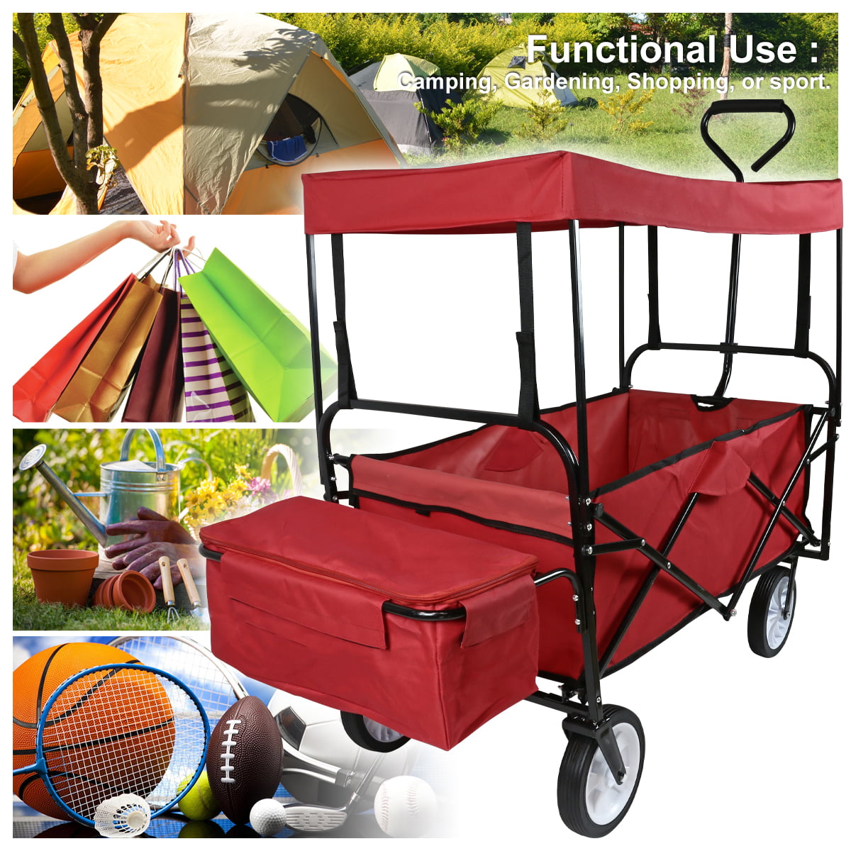 Geniqua Red Utility Collapsible Folding Wagon Cart w/Canopy Garden Beach Toy Sport Buggy