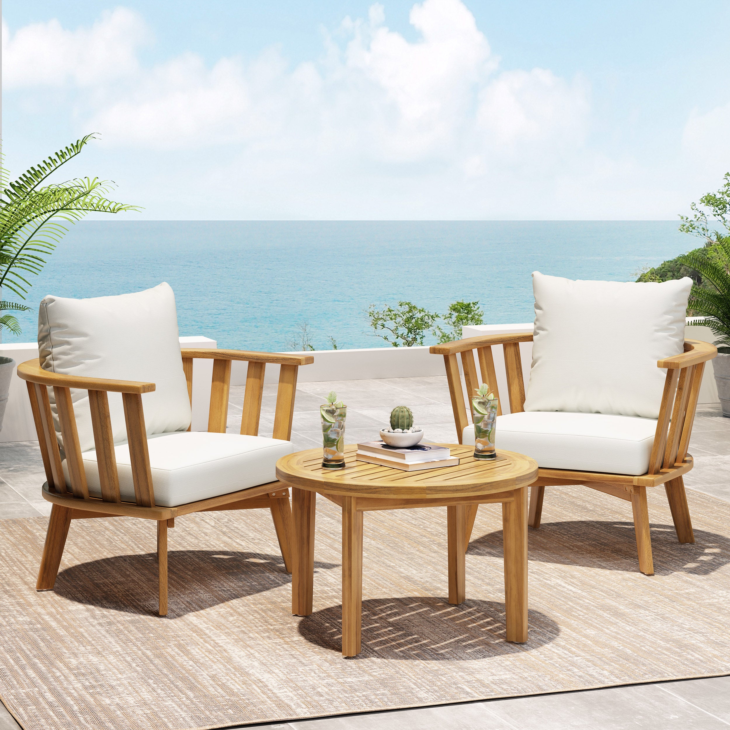 Laiah Outdoor 2 Seater Wooden Chat Set with Round Coffee Table