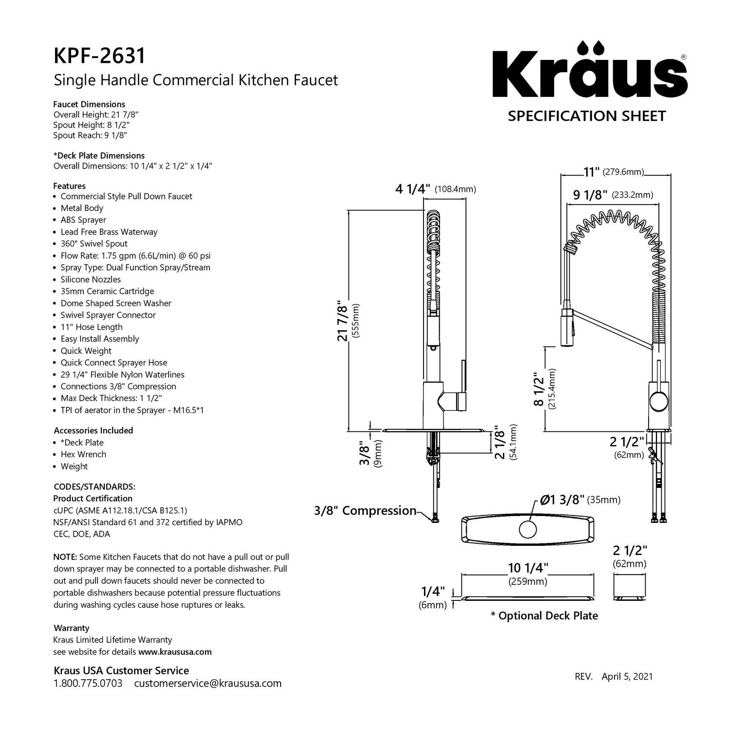 Kraus Oletto Commercial Style Pull-Down Single Handle Kitchen Faucet with QuickDock Top Mount Installation Assembly in Matte Black