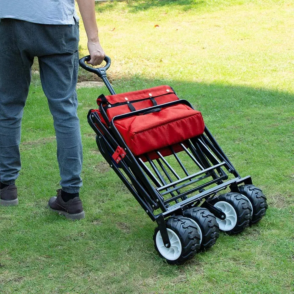 Folding Beach Wagon Cart 300 Pound Capacity Collapsible Utility Camping Grocery Canvas Portable Rolling Outdoor Garden Sport Heavy Duty Shopping Wide All Terrain Wheel Black BG377