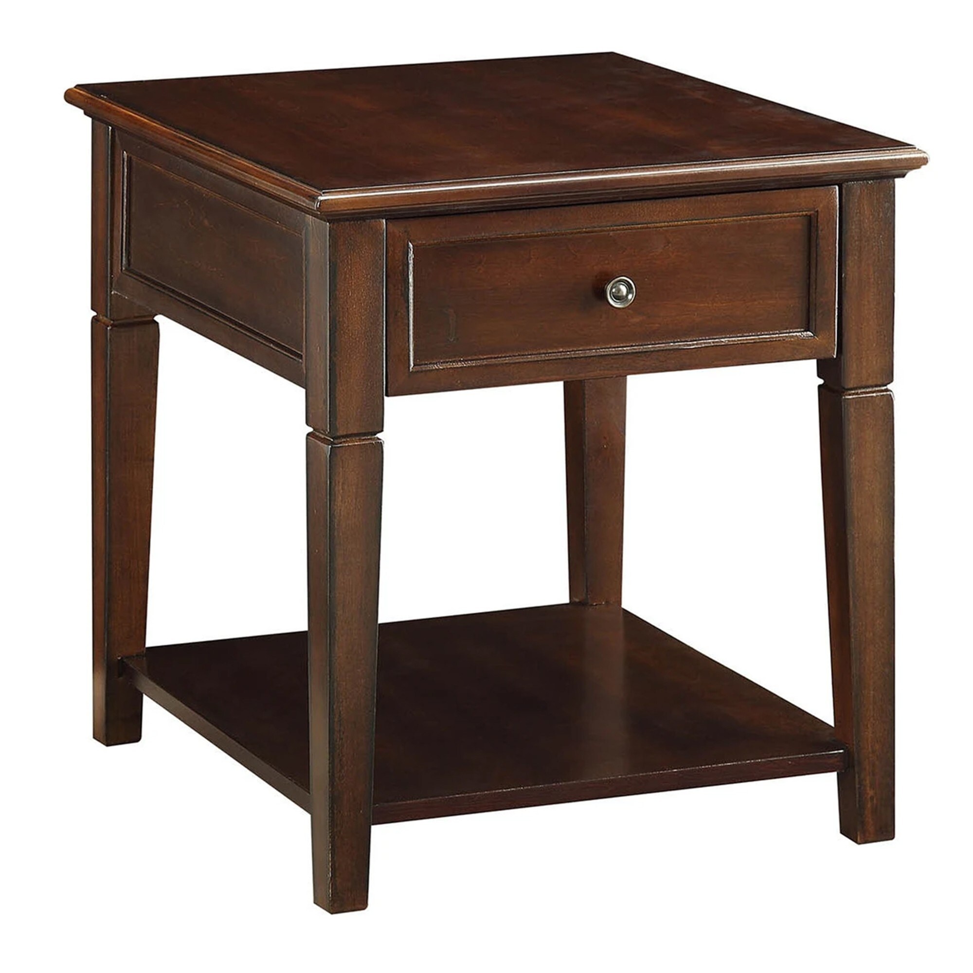 Wooden End Table with One Drawer and One Shelf， Walnut Brown