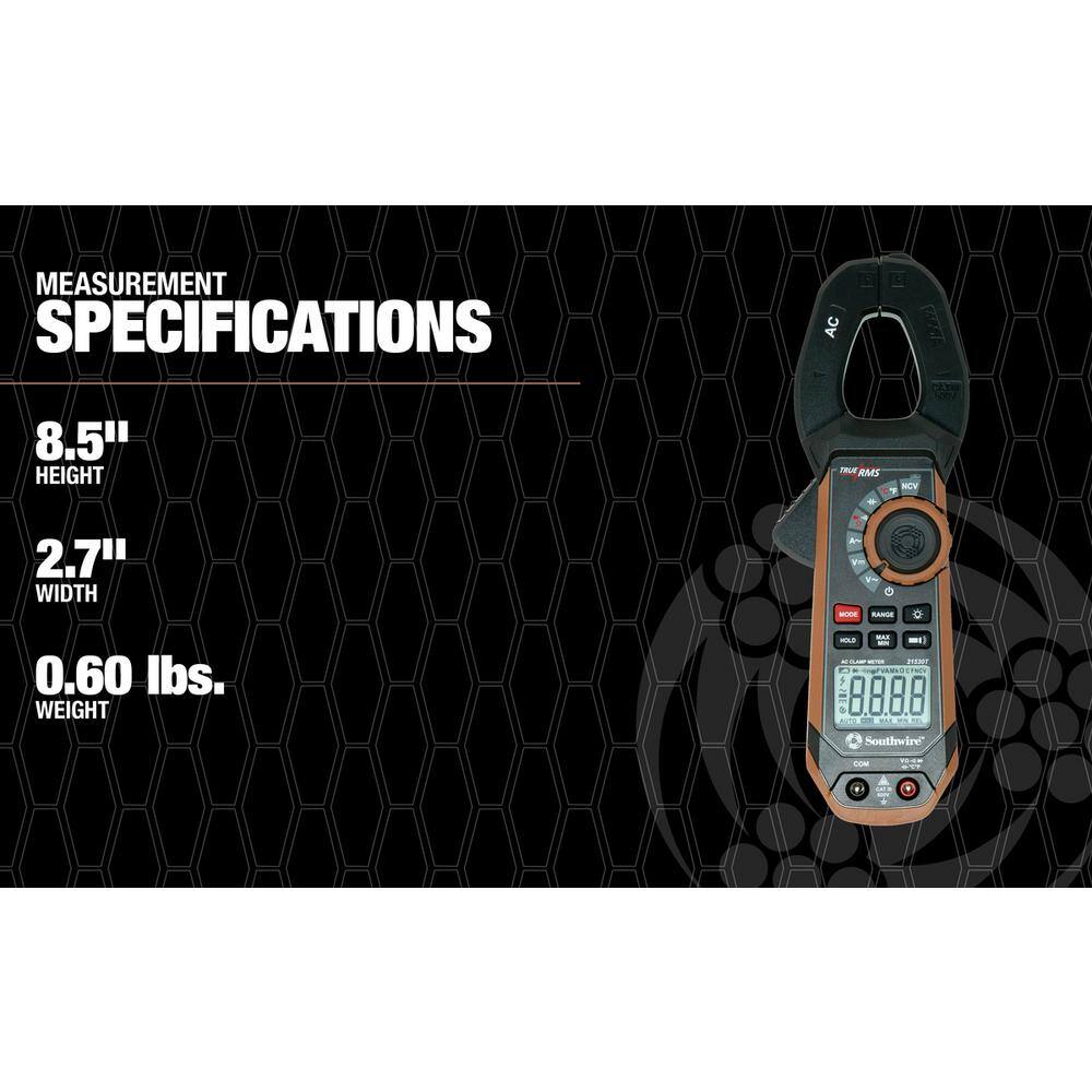 Southwire 400 Amp AC Clamp Meter with True RMS Built-In NCV Worklight and Third-Hand Test Probe Holder 65031640