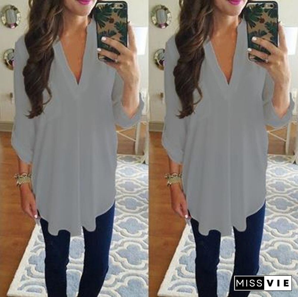 Plus Size S-8XL Women's Fashion Casual Chiffon Tops V-neck Solid Color Ladies Sexy Long Sleeve Shirt Loose Tops T Shirt Blouse