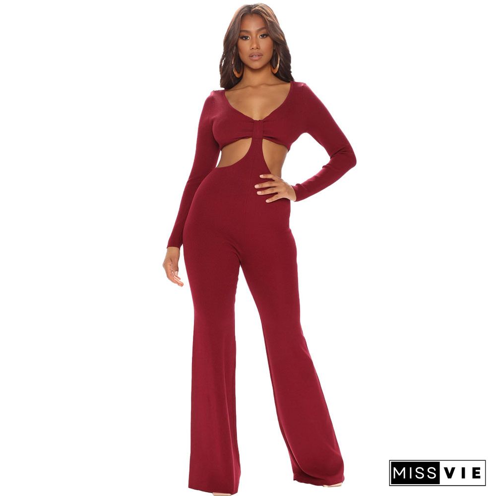 V Neck Long Sleeve Hollow Out Bodycon Jumpsuits