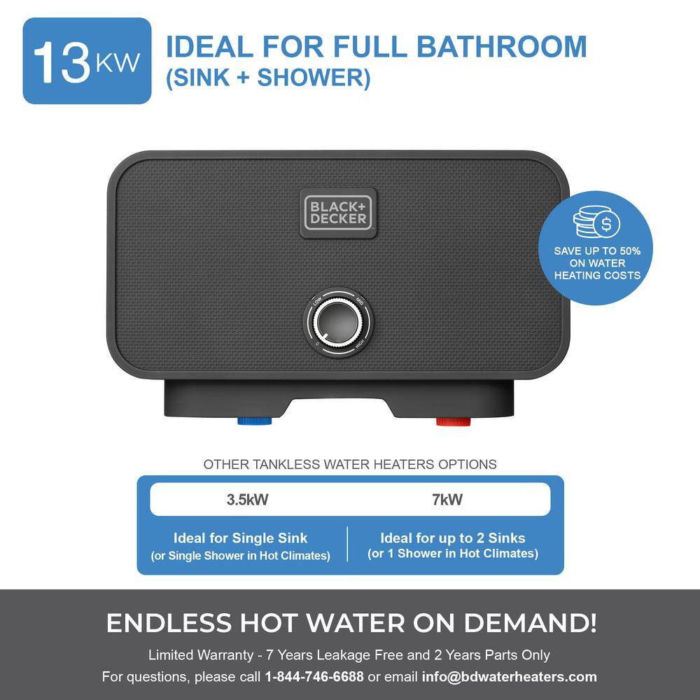 BLACK+DECKER 13 kW240V 2.6 GPM Electric Tankless Water Heater with Pressure Relief Device Sink and Shower Combination BD-POU-13HD