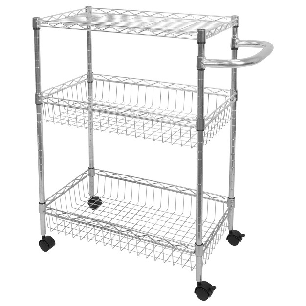 Mount it Mesh Wire Rolling Cart 3 tier Multi function Metal Trolley For Kitchen Storage And Organization With Lockable Wheels And Handle Silver